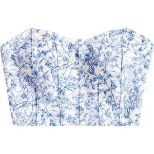 imageSHENHE Womens Casual Ditsy Floral Print Sleeveless Strapless Bandeau Tube Crop TopBlue and White