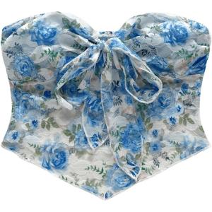 imageSHENHE Womens Floral Strapless Tube Top Sexy Mesh Sleeveless Boho Knot Front Bandeau Crop TopsBlue