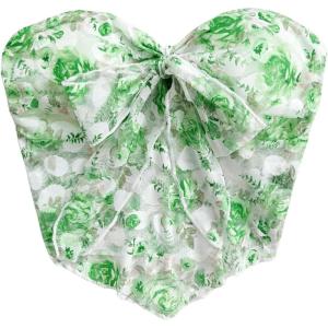 imageSHENHE Womens Floral Strapless Tube Top Sexy Mesh Sleeveless Boho Knot Front Bandeau Crop TopsGreen