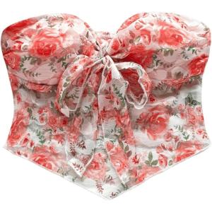 imageSHENHE Womens Floral Strapless Tube Top Sexy Mesh Sleeveless Boho Knot Front Bandeau Crop TopsOrange