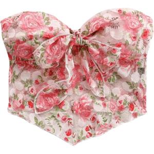 imageSHENHE Womens Floral Strapless Tube Top Sexy Mesh Sleeveless Boho Knot Front Bandeau Crop TopsPink