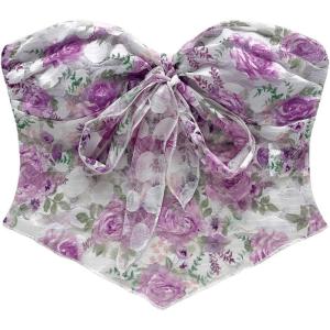 imageSHENHE Womens Floral Strapless Tube Top Sexy Mesh Sleeveless Boho Knot Front Bandeau Crop TopsPurple