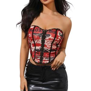 imageSHENHE Womens Graphic Overbust Strapless Corset Bustier Top Sexy Y2k Eyelet Cropped Beandeau TopRed Black