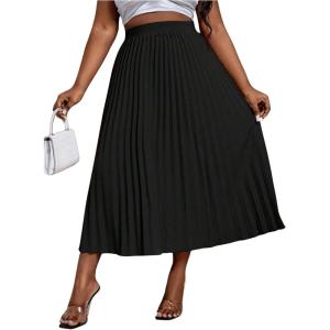 imageSHENHE Womens Plus Size High Waisted Pleated Skirt Flowy A Line Casual Midi SkirtBlack