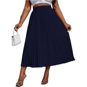 imageSHENHE Womens Plus Size High Waisted Pleated Skirt Flowy A Line Casual Midi SkirtDark Blue