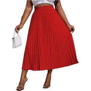 imageSHENHE Womens Plus Size High Waisted Pleated Skirt Flowy A Line Casual Midi SkirtRed