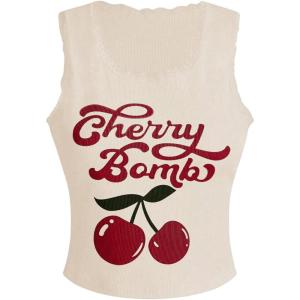 imageSHENHE Womens Plus Size Letter Cherry Print Lace Tank Top Crewneck Rib Knit Vest TopApricot