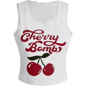 imageSHENHE Womens Plus Size Letter Cherry Print Lace Tank Top Crewneck Rib Knit Vest TopWhite