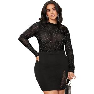imageSHENHE Womens Plus Size Mesh Mock Neck Long Sleeve Rhinestone T Shirt Tee TopsBlack