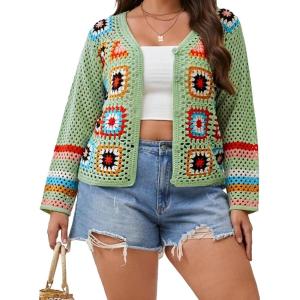 imageSHENHE Womens Plus Size Sheer Crochet Geo Graphic Button Front Knitted Boho CardiganGreen