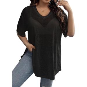 imageSHENHE Womens Plus Size Sheer Mesh V Neck Half Sleeve Drop Shoulder Split Hem Tee TopBlack