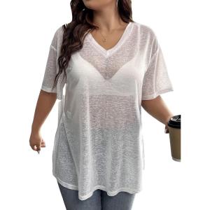 imageSHENHE Womens Plus Size Sheer Mesh V Neck Half Sleeve Drop Shoulder Split Hem Tee TopWhite