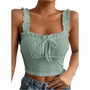 imageSHENHE Womens Spaghetti Strap Eyelet Embroidery Summer Sleeveless Crop Tank Cute TopMint Green