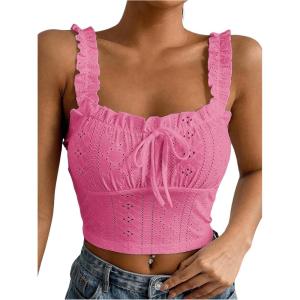 imageSHENHE Womens Spaghetti Strap Eyelet Embroidery Summer Sleeveless Crop Tank Cute TopPink