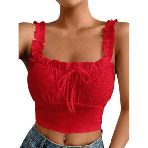 imageSHENHE Womens Spaghetti Strap Eyelet Embroidery Summer Sleeveless Crop Tank Cute TopRed