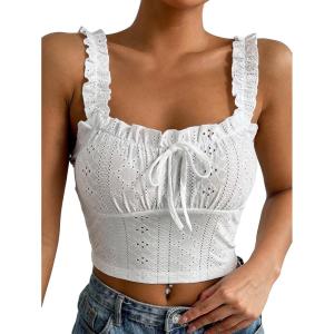 imageSHENHE Womens Spaghetti Strap Eyelet Embroidery Summer Sleeveless Crop Tank Cute TopWhite