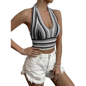 imageSHENHE Womens Striped Halter Tie Back Sleeveless Backless Knitted Crop TopBlack