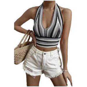 imageSHENHE Womens Striped Halter Tie Back Sleeveless Backless Knitted Crop TopBlack a