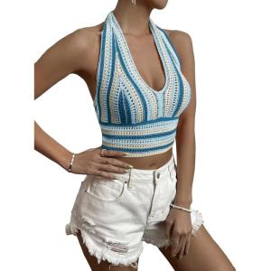 imageSHENHE Womens Striped Halter Tie Back Sleeveless Backless Knitted Crop TopBlue