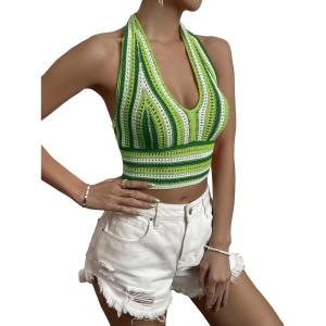 imageSHENHE Womens Striped Halter Tie Back Sleeveless Backless Knitted Crop TopGreen