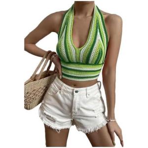 imageSHENHE Womens Striped Halter Tie Back Sleeveless Backless Knitted Crop TopGreen a