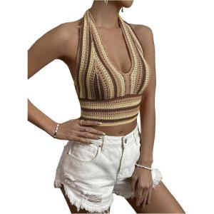 imageSHENHE Womens Striped Halter Tie Back Sleeveless Backless Knitted Crop TopKhaki