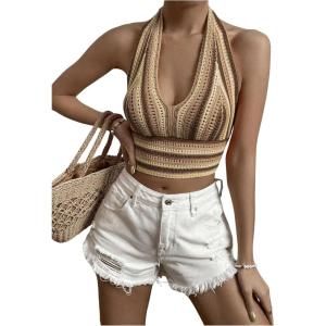 imageSHENHE Womens Striped Halter Tie Back Sleeveless Backless Knitted Crop TopKhaki Brown