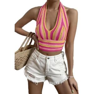 imageSHENHE Womens Striped Halter Tie Back Sleeveless Backless Knitted Crop TopMulticolor B