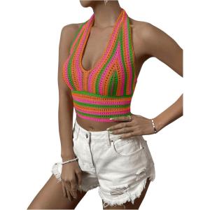 imageSHENHE Womens Striped Halter Tie Back Sleeveless Backless Knitted Crop TopMulticolor C