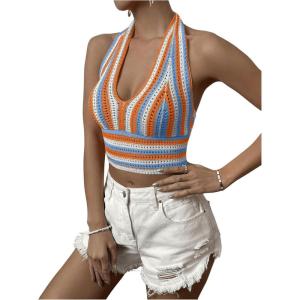 imageSHENHE Womens Striped Halter Tie Back Sleeveless Backless Knitted Crop TopMulticolor a