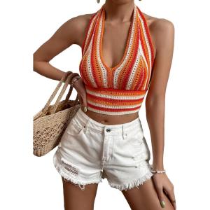 imageSHENHE Womens Striped Halter Tie Back Sleeveless Backless Knitted Crop TopOrange
