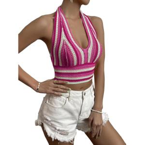 imageSHENHE Womens Striped Halter Tie Back Sleeveless Backless Knitted Crop TopPink and White