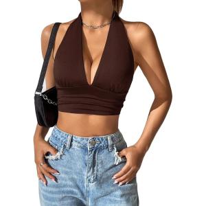 imageSHENHE Womens Striped Halter Tie Back Sleeveless Backless Knitted Crop TopPlain Chocolate Brown