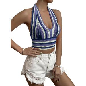 imageSHENHE Womens Striped Halter Tie Back Sleeveless Backless Knitted Crop TopPurple