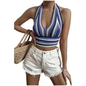 imageSHENHE Womens Striped Halter Tie Back Sleeveless Backless Knitted Crop TopPurple a