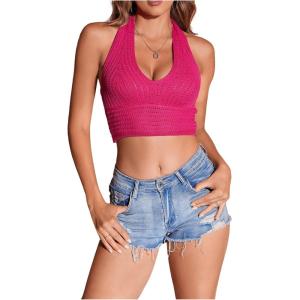 imageSHENHE Womens Striped Halter Tie Back Sleeveless Backless Knitted Crop TopSolid Hot Pink