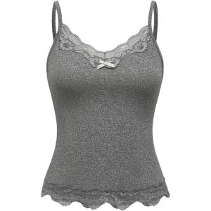 imageSHENHE Womens Y2K Lace Tank Tops Summer Coquette Bow Sleeveless Spaghetti Strap Lounge Cute Cami Crop TopsLight Grey