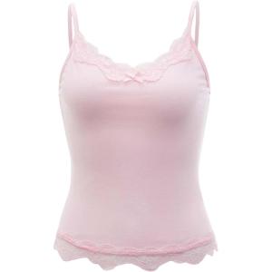 imageSHENHE Womens Y2K Lace Tank Tops Summer Coquette Bow Sleeveless Spaghetti Strap Lounge Cute Cami Crop TopsLight Pink