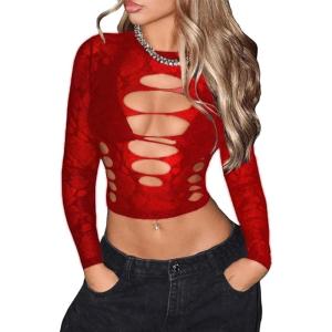 imageSHENHE Womens Y2K Long Sleeve Mesh Crop Top Floral Lace See Through Sheer Cutout Rave TopRed