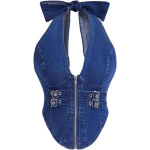 imageSHENHE Womens Y2k Denim Crop Top Deep V Zip Up Belted Halter Top Sexy Backless Asymmetrical Jean CorsetDark Wash