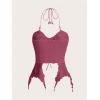 imageSHENHE Womens Halter Neck Ruched Drawstring Lettuce Trim Asymmetrical Cute Crop TopHot Pink