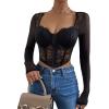 imageSHENHE Womens Lace Top Sheer Mesh Long Sleeve Asymmetrical Hem Sexy T Shirt Bustier Crop TopsBlack