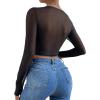imageSHENHE Womens Lace Top Sheer Mesh Long Sleeve Asymmetrical Hem Sexy T Shirt Bustier Crop TopsBlack