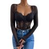 imageSHENHE Womens Lace Top Sheer Mesh Long Sleeve Asymmetrical Hem Sexy T Shirt Bustier Crop TopsBlack