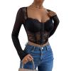 imageSHENHE Womens Lace Top Sheer Mesh Long Sleeve Asymmetrical Hem Sexy T Shirt Bustier Crop TopsBlack