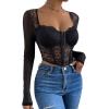 imageSHENHE Womens Lace Top Sheer Mesh Long Sleeve Asymmetrical Hem Sexy T Shirt Bustier Crop TopsBlack
