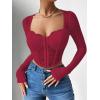imageSHENHE Womens Lace Top Sheer Mesh Long Sleeve Asymmetrical Hem Sexy T Shirt Bustier Crop TopsBurgundy
