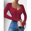 imageSHENHE Womens Lace Top Sheer Mesh Long Sleeve Asymmetrical Hem Sexy T Shirt Bustier Crop TopsBurgundy