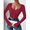 imageSHENHE Womens Lace Top Sheer Mesh Long Sleeve Asymmetrical Hem Sexy T Shirt Bustier Crop TopsBurgundy