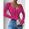 imageSHENHE Womens Lace Top Sheer Mesh Long Sleeve Asymmetrical Hem Sexy T Shirt Bustier Crop TopsHot Pink